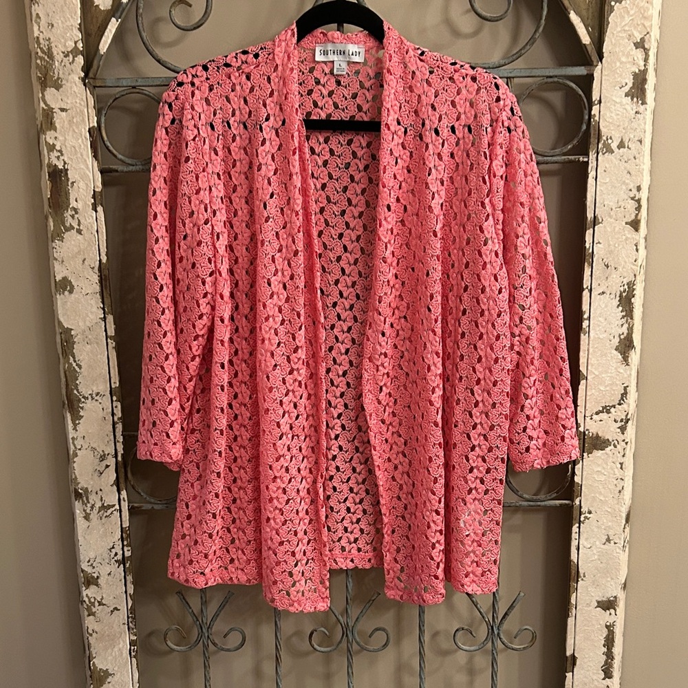 Southern Lady Coral Crochet Open-Front Cardigan